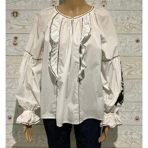 Joie Women's Embroidered Peasant Pullover Blouse white black trim embroidery M